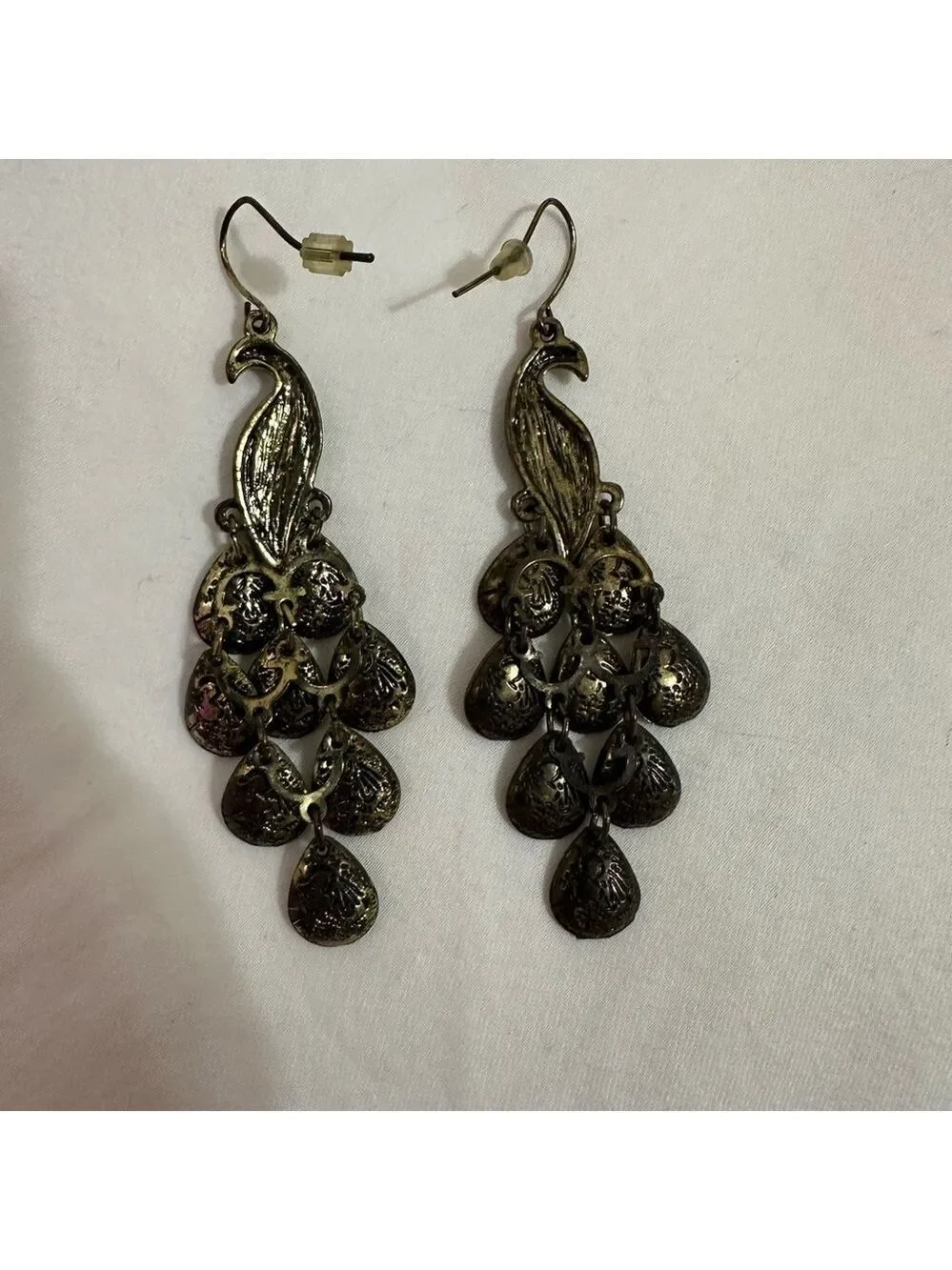 VINTAGE BOHEMIAN PEACOCK CHANDELIER EARRINGS & RING SET OCEAN HUES STATEMENT LUX